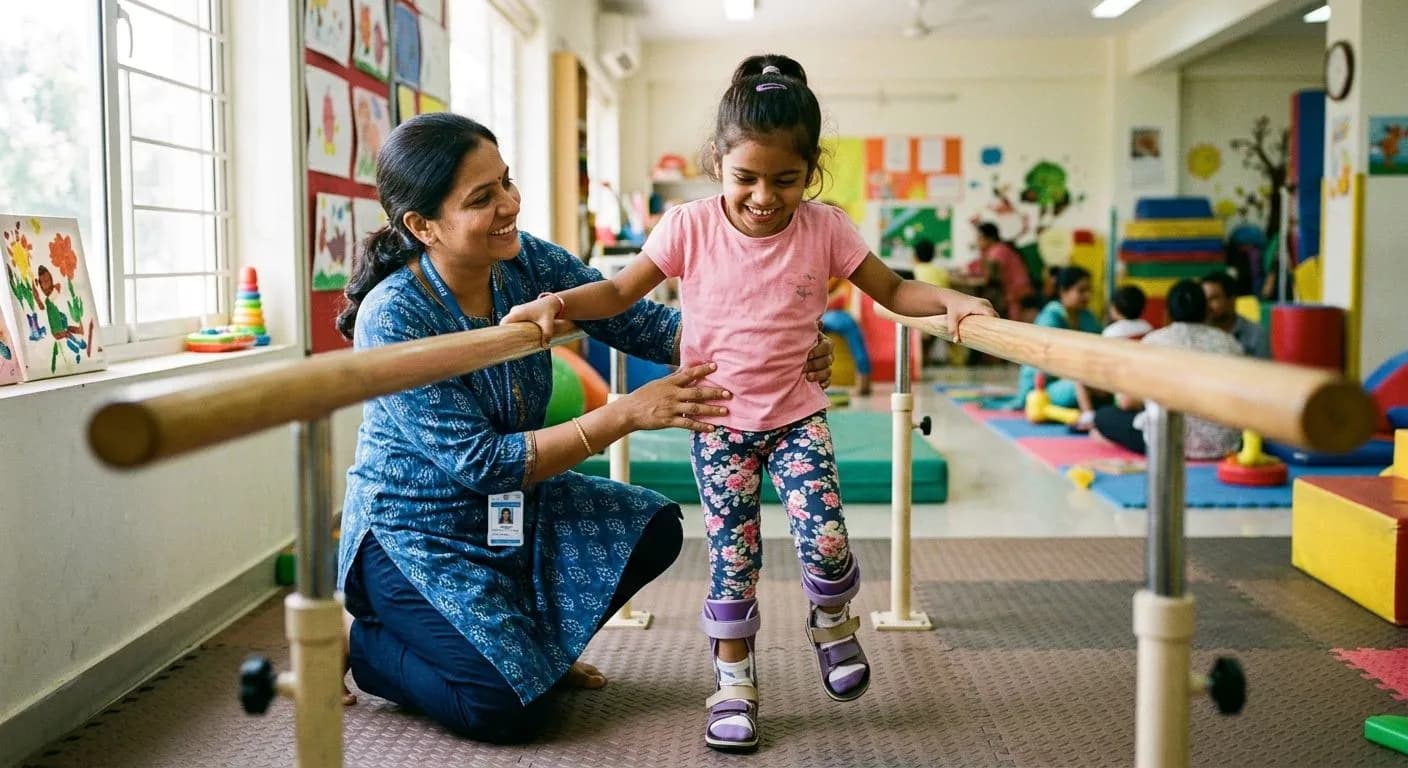 Physiotherapist guiding a child with cerebral palsy through mobility exercises